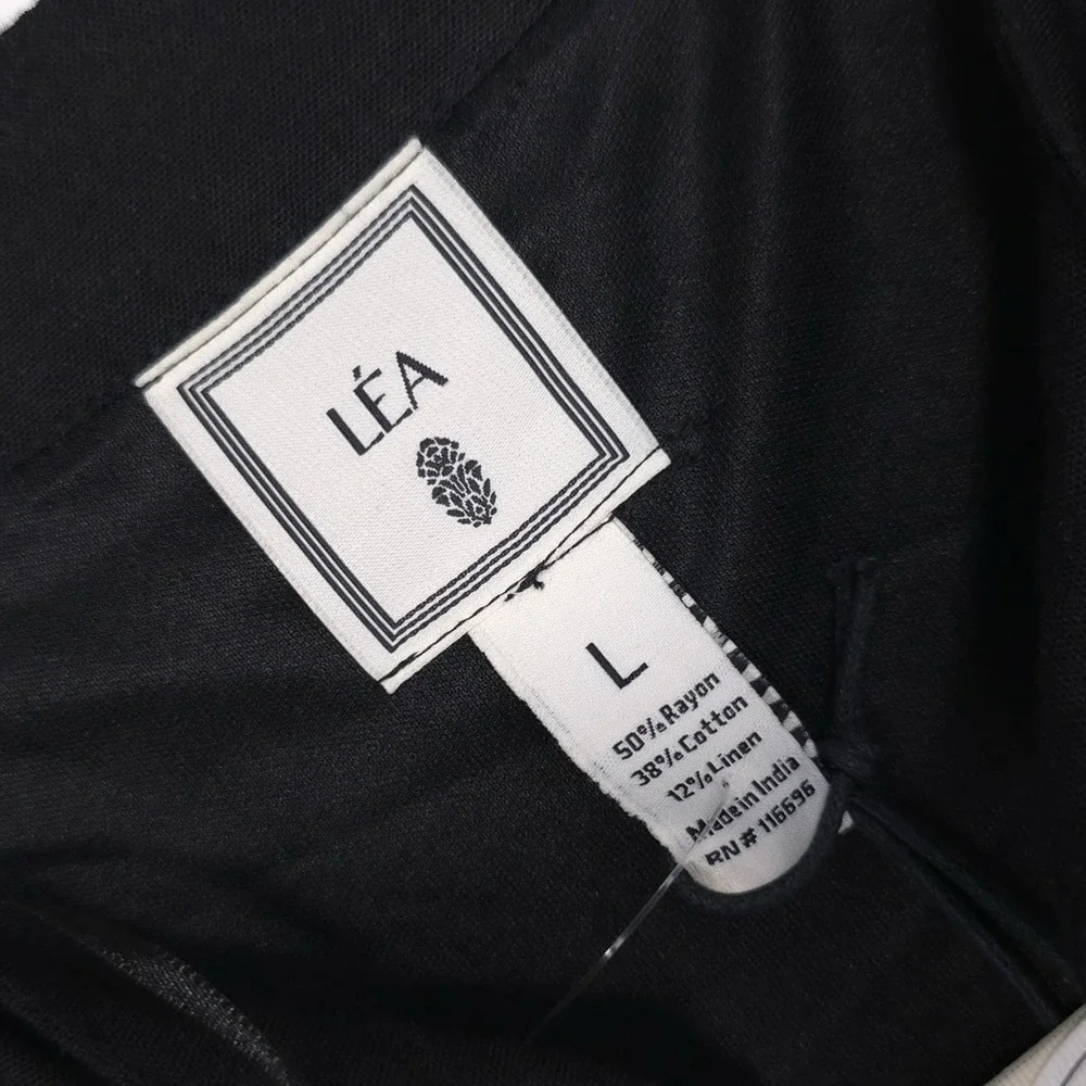 LEA NWOT Midi Dress LARGE Black LINEN Blend Floral Embroidered Tie Belt‎ Tassels